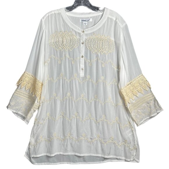 Coldwater Creek Serendipity Tunic Top MED Embroidered Lace Silky Elegant India - Picture 2 of 9